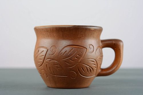8 oz classic natural clay coffee cup with handle and floral pattern - MADEheart.com