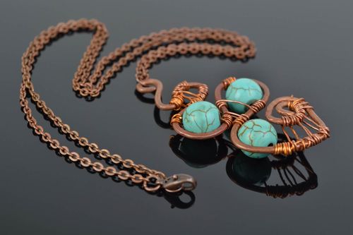 Handmade copper wire wrap pendant with turquoise on long chain stylish accessory - MADEheart.com