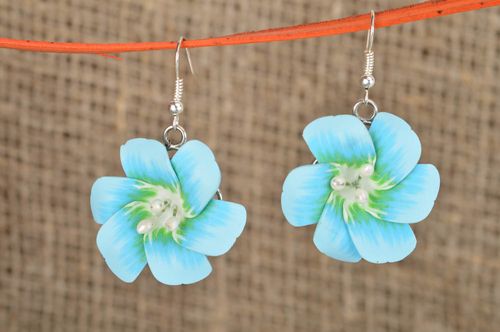 Beautiful homemade designer polymer clay flower earrings of gentle blue color - MADEheart.com
