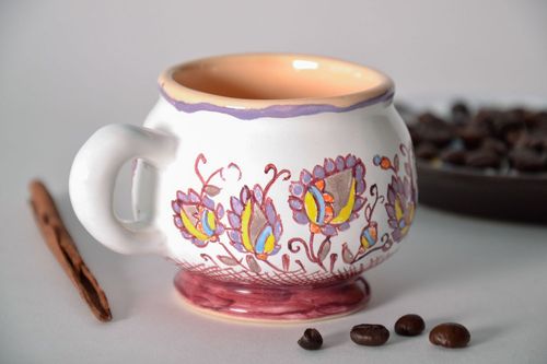 Ceramic handmade white and sherry color coffee cup with handle - MADEheart.com