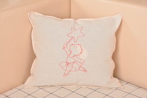 Handmade white pillow case made of semi linen with embroidered girl  - MADEheart.com