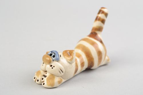 White and brown beautiful handmade clay statuette of striped cat - MADEheart.com
