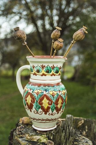 8 inches ceramic handmade ethnic style water pitcher in white and green colors 1,5 lb - MADEheart.com