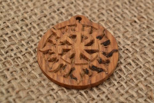 Handmade natural wood carved small round protective amulet pendant Slavic symbol - MADEheart.com
