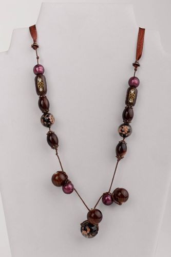 Handmade long necklace made of plastic and glass beads with satin ribbon - MADEheart.com