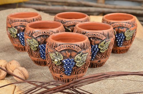 Set of 6 handmade designer painted clay glasses 200 ml each with grapes - MADEheart.com
