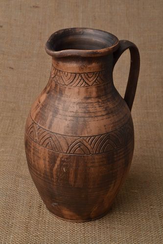120  oz ceramic water pitcher with handle and had-molded ornament in brown color 3 lb - MADEheart.com