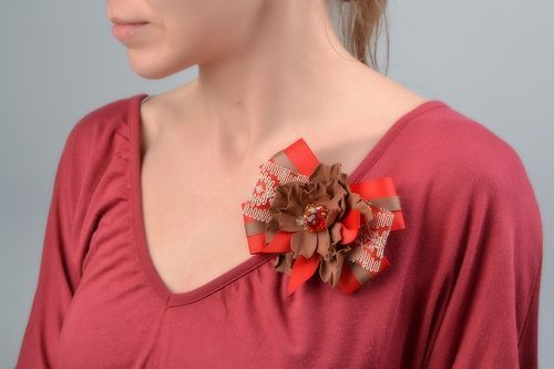 Handmade hair clip brooch with foamiran flower and ribbon bow in red color - MADEheart.com