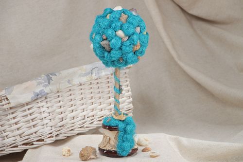 Handmade topiary tree created of natural sisal and cockleshells in blue colors - MADEheart.com