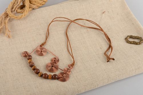 Beautiful womens handmade design pendant with wooden beads and copper elements - MADEheart.com