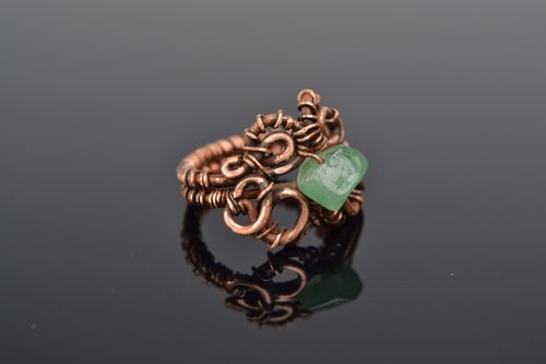 Handmade designer wire wrap copper ring with natural nephrite stone for women  - MADEheart.com