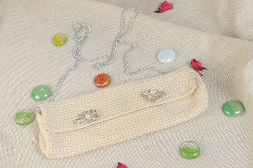 Handmade light stylish crocheted womens purse with long chain made of polyester - MADEheart.com