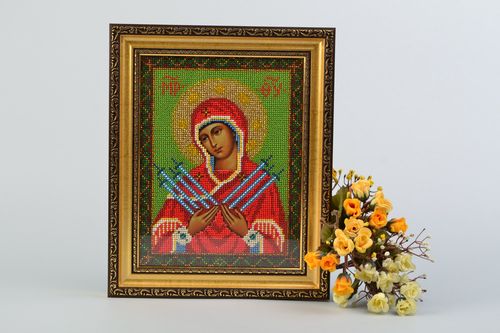 Handmade icon of the Mother of God of Ostrobram embroidered with beads in frame - MADEheart.com