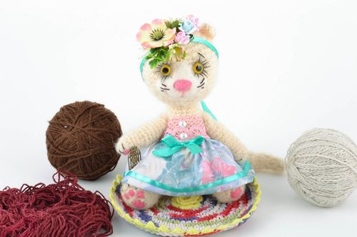 Handmade small soft crocheted beautiful toy Cat in a dress present for baby girl - MADEheart.com