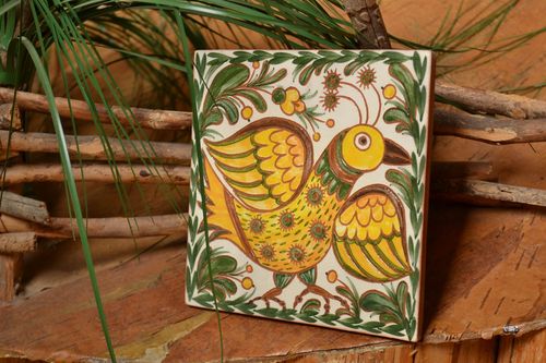 Decorative tile hand-painted with natural dyes engobes handmade wall panel - MADEheart.com