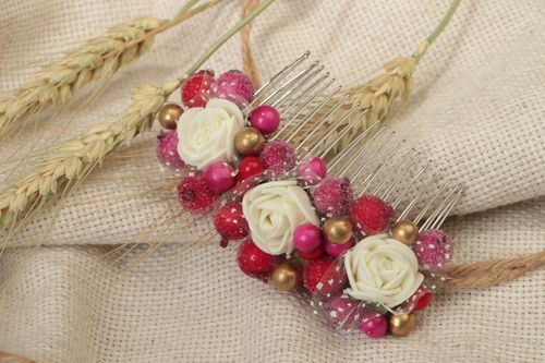 Handmade metal decorative hair comb with artificial colorful berries and flowers - MADEheart.com
