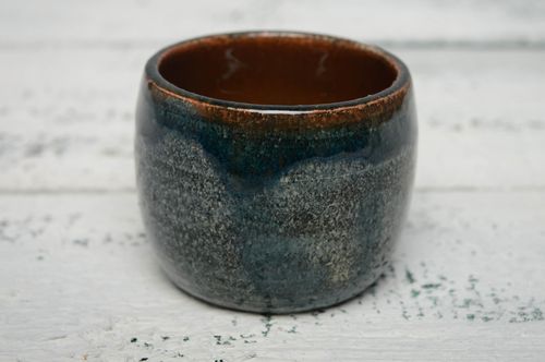 8 oz ceramic glazed cup with no handle in blue and brown color - MADEheart.com
