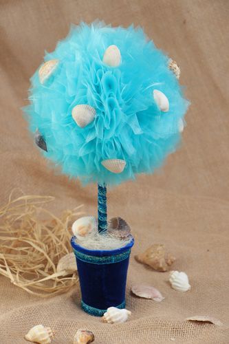 Handmade topiary with blue tulle and white shells in blue pot home decor - MADEheart.com