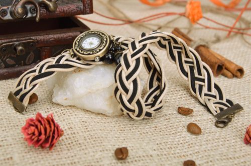 Handmade womens wrist watch with double wrap beige and black colors strap - MADEheart.com