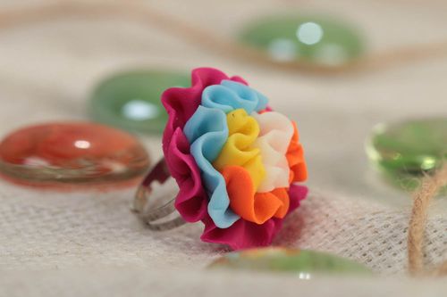 Handmade designer polymer clay jewelry ring with volume flower and metal basis - MADEheart.com