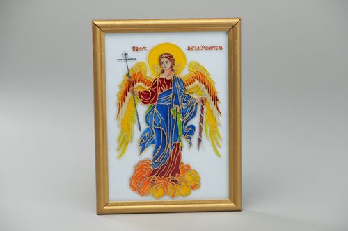 Handmade colorful icon of the Guardian Angel with frame stained glass painting - MADEheart.com