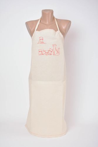 Female white apron made of semi linen fabric with handmade embroidery Cats - MADEheart.com