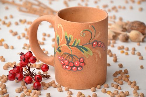 Handmade natural clay glazed coffee mug with handle and hand-painted floral pattern - MADEheart.com