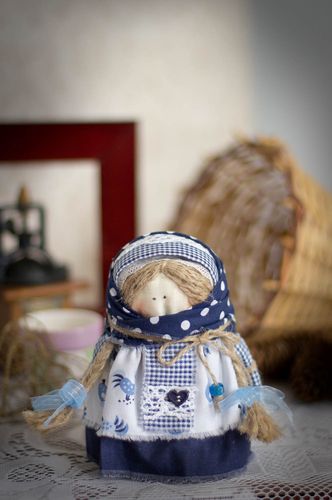 Folk doll in scarf made of fabric for home decor small light family talisman - MADEheart.com