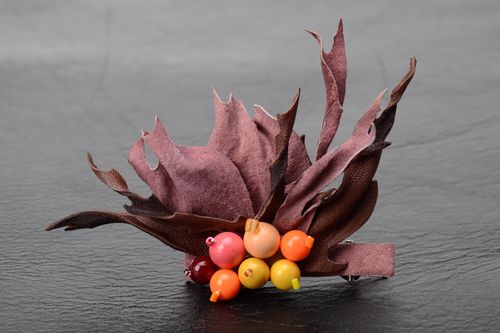 Handmade designer womens leather flower hair clip with beads and seed beads - MADEheart.com