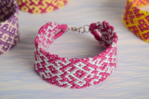 Beautiful pink and white handmade wide embroidery floss woven bracelet - MADEheart.com
