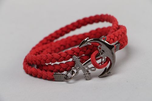 Handmade multi row marine bracelet woven of red artificial suede with anchor - MADEheart.com