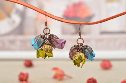 Unusual handmade ribbon flower earrings textile jewelry designs gifts for her - MADEheart.com