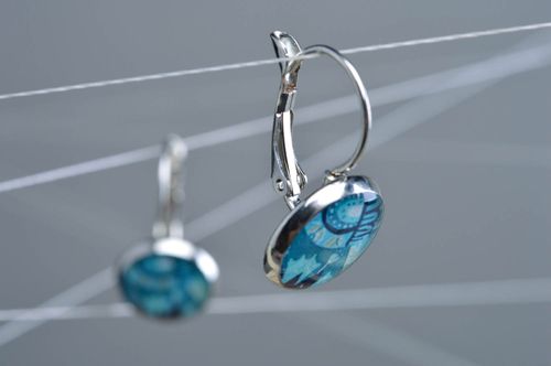Handmade designer round decoupage earrings coated with epoxy resin - MADEheart.com
