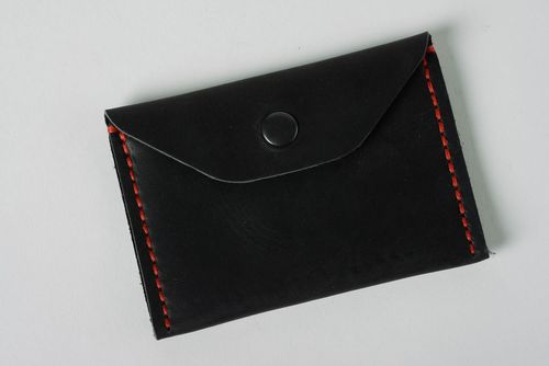 Handmade designer small coin wallet sewn of genuine black leather for women - MADEheart.com