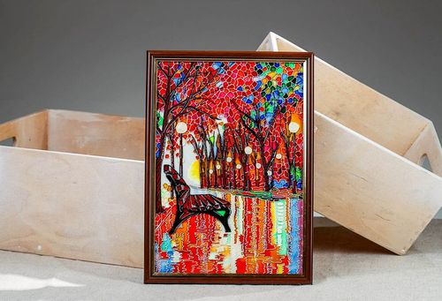Stained glass picture in wooden frame Autumn park - MADEheart.com