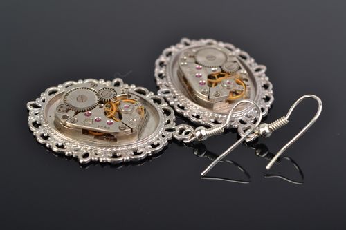 Handmade designer steampunk earrings with lace metal basis and clock mechanism - MADEheart.com