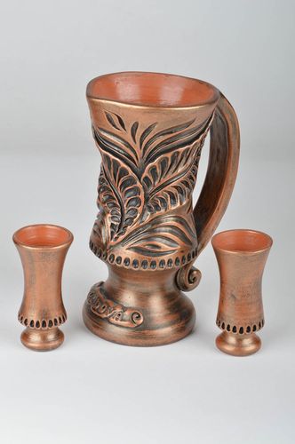 Beautiful clay handmade utensils set bowl 1 liter and 2 shots 50 ml each - MADEheart.com