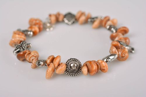 Handmade thin laconic wrist bracelet with seashells and metal charms for women - MADEheart.com