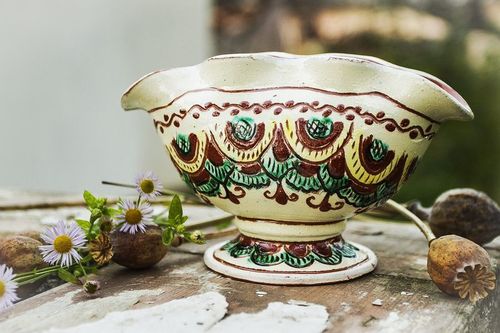 Ceramic glazed gravy boat for salad dressings, cream, and mill in ethnic style 3,5, 0,63 lb - MADEheart.com