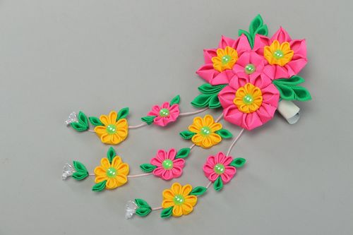 Bright colorful handmade hair clip with large ribbon flower and charms - MADEheart.com