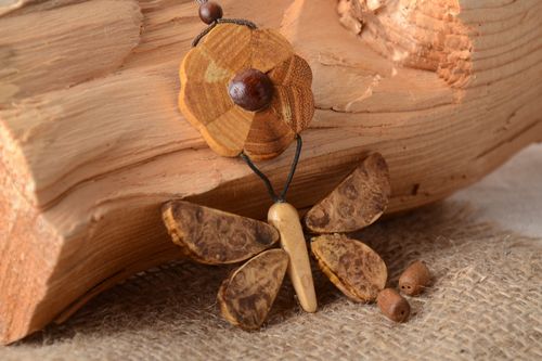 Handmade tinted wooden neck pendant for women Butterfly in ethnic style - MADEheart.com
