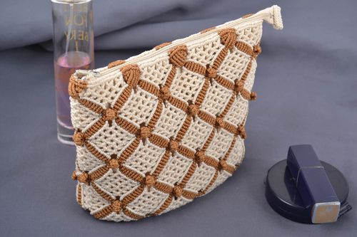 Handmade decorative small beige and brown macrame woven cosmetics bag - MADEheart.com