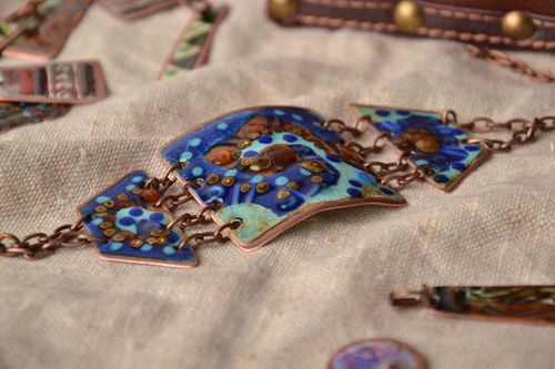 Copper bracelet painted with enamels of blue color - MADEheart.com