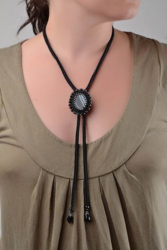 Beautiful handmade black beaded beaded necklace with oval pendant - MADEheart.com