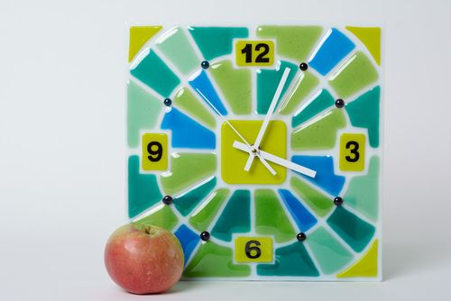 Handmade fused glass square wall clock of green and blue colors - MADEheart.com
