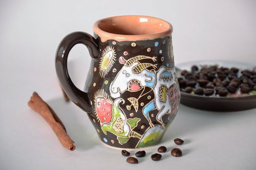 Art glazed ceramic drinking cup with colorful pattern brown color and handle - MADEheart.com