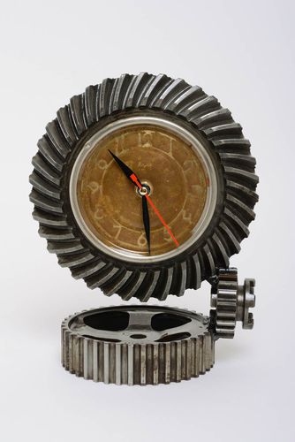 Handmade designer round mechanical metal table clock in techno art style - MADEheart.com
