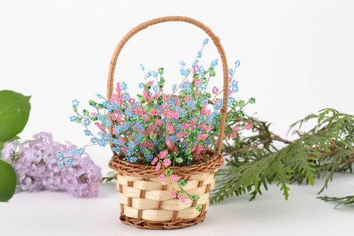 Small basket with handmade bright colorful artificial flowers woven of beads - MADEheart.com