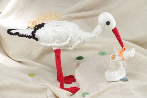 Handmade crochet soft toy for childbirth Stork with Baby - MADEheart.com