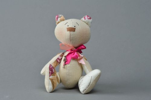 Handmade designer soft toy sewn of satin and linen fabrics Bear with pink bow - MADEheart.com